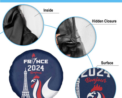 France 2024 Bonjour Spare Tire Cover Eiffel Tower Gallic Rooster