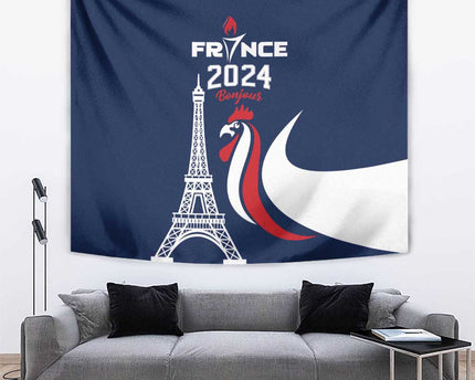 France 2024 Bonjour Tapestry Eiffel Tower Gallic Rooster