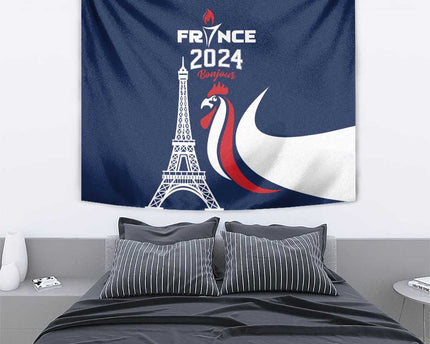 France 2024 Bonjour Tapestry Eiffel Tower Gallic Rooster