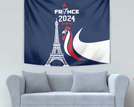 France 2024 Bonjour Tapestry Eiffel Tower Gallic Rooster