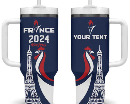 Personalized France 2024 Bonjour Tumbler With Handle Eiffel Tower Gallic Rooster