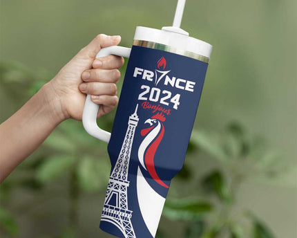 Personalized France 2024 Bonjour Tumbler With Handle Eiffel Tower Gallic Rooster