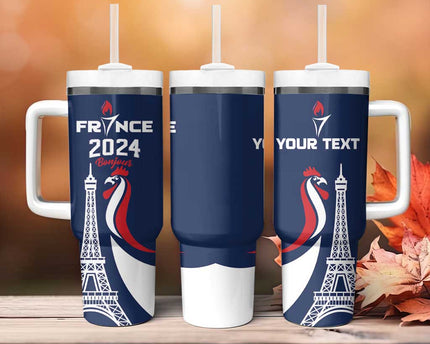 Personalized France 2024 Bonjour Tumbler With Handle Eiffel Tower Gallic Rooster