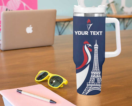 Personalized France 2024 Bonjour Tumbler With Handle Eiffel Tower Gallic Rooster