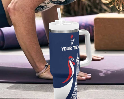 Personalized France 2024 Bonjour Tumbler With Handle Eiffel Tower Gallic Rooster