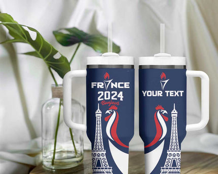 Personalized France 2024 Bonjour Tumbler With Handle Eiffel Tower Gallic Rooster
