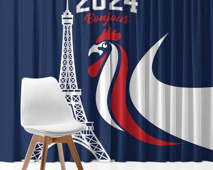 France 2024 Bonjour Window Curtain Eiffel Tower Gallic Rooster