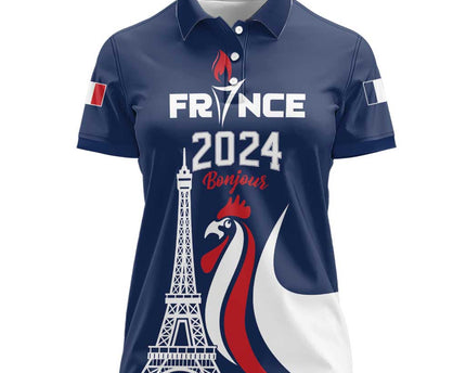 Personalized France 2024 Bonjour Women Polo Shirt Eiffel Tower Gallic Rooster