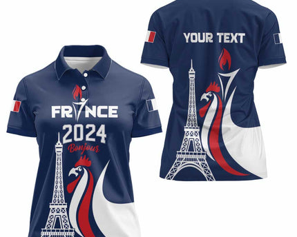 Personalized France 2024 Bonjour Women Polo Shirt Eiffel Tower Gallic Rooster