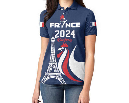 Personalized France 2024 Bonjour Women Polo Shirt Eiffel Tower Gallic Rooster