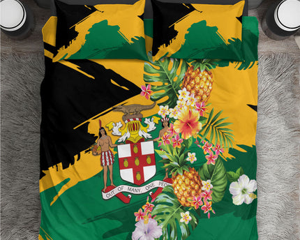 Jamaica Pineapple Bedding Set Coat of Arms Tropical Flowers