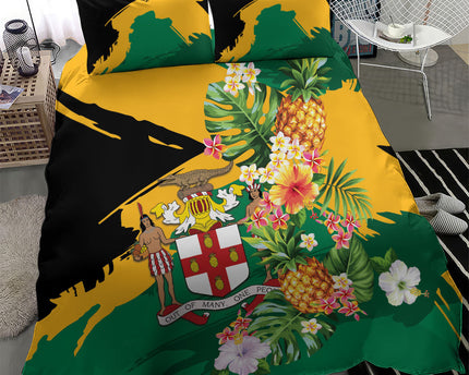 Jamaica Pineapple Bedding Set Coat of Arms Tropical Flowers