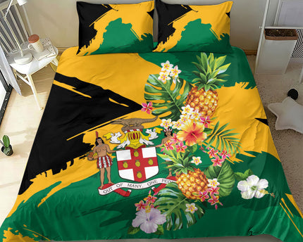 Jamaica Pineapple Bedding Set Coat of Arms Tropical Flowers