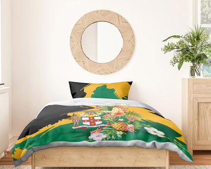 Jamaica Pineapple Bedding Set Coat of Arms Tropical Flowers