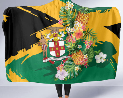 Jamaica Pineapple Hooded Blanket Coat of Arms Tropical Flowers