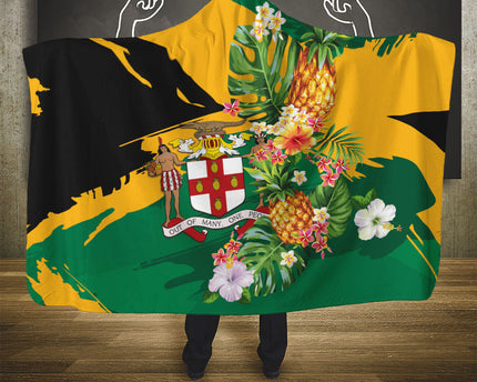 Jamaica Pineapple Hooded Blanket Coat of Arms Tropical Flowers