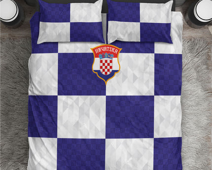 Croatia Football Bedding Set Checkerboard Pattern with Glagolitic Script Away Color