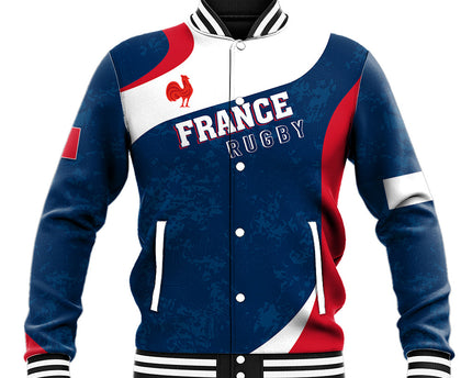Personalised France Rugby Baseball Jacket World Cup Les Blues Curves Style
