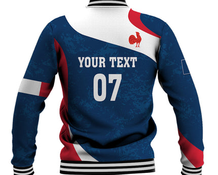 Personalised France Rugby Baseball Jacket World Cup Les Blues Curves Style