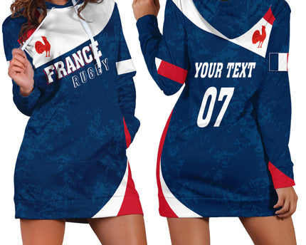 Personalised France Rugby Hoodie Dress World Cup Les Blues Curves Style