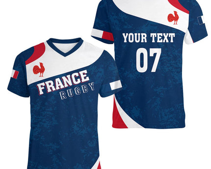 Personalised France Rugby Women V Neck T Shirt World Cup Les Blues Curves Style