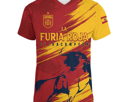 Spain La Furia Roja Custom Women V-Neck T-Shirt 2024 Tetracampeon Espana