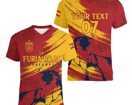 Spain La Furia Roja Custom Women V-Neck T-Shirt 2024 Tetracampeon Espana