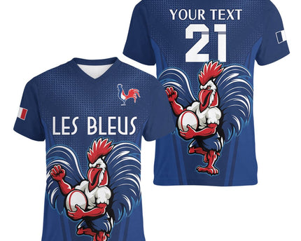 Custom France Rugby Women V Neck T Shirt Le XV de France Gallic Rooster