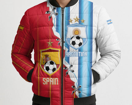 Custom Argentina Spain Football 2026 Bomber Puffer Jacket La Albiceleste La Roja Together