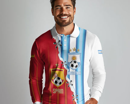 Custom Argentina Spain Football 2026 Long Sleeve Polo Shirt La Albiceleste La Roja Together