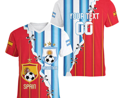 Custom Argentina Spain Football 2026 Women V-Neck T-Shirt La Albiceleste La Roja Together