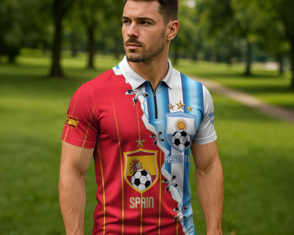 Custom Argentina Spain Football 2026 Zipper Polo Shirt La Albiceleste La Roja Together
