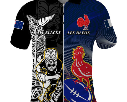 Custom New Zealand And France Rugby Polo Shirt All Black With Les Bleus Together 2023 World Cup