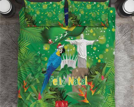 Christmas In July Brazil Bedding Set Feliz Natal Blue Macaw Santa Tropical Vibes
