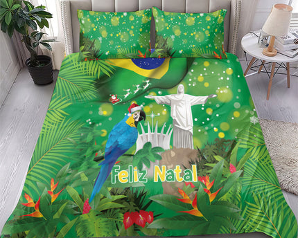 Christmas In July Brazil Bedding Set Feliz Natal Blue Macaw Santa Tropical Vibes
