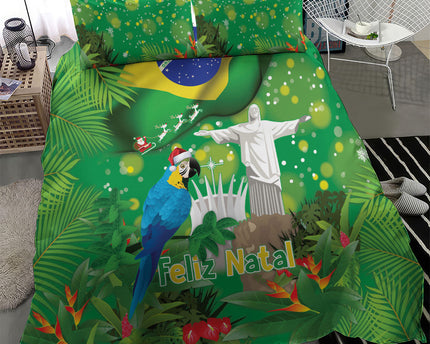 Christmas In July Brazil Bedding Set Feliz Natal Blue Macaw Santa Tropical Vibes