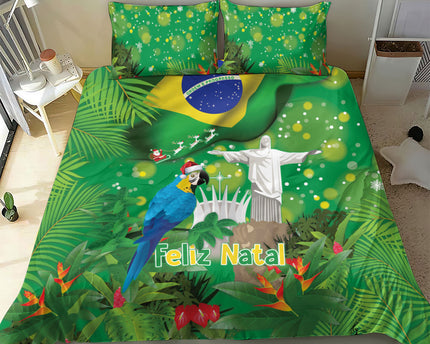 Christmas In July Brazil Bedding Set Feliz Natal Blue Macaw Santa Tropical Vibes