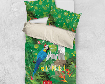 Christmas In July Brazil Bedding Set Feliz Natal Blue Macaw Santa Tropical Vibes