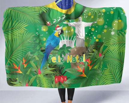 Christmas In July Brazil Hooded Blanket Feliz Natal Blue Macaw Santa Tropical Vibes