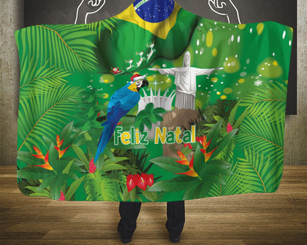 Christmas In July Brazil Hooded Blanket Feliz Natal Blue Macaw Santa Tropical Vibes