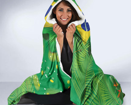 Christmas In July Brazil Hooded Blanket Feliz Natal Blue Macaw Santa Tropical Vibes