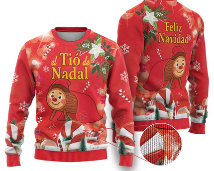 Spain Tio de Nadal Christmas Ugly Christmas Sweater Traditional Christmas Log Red Version