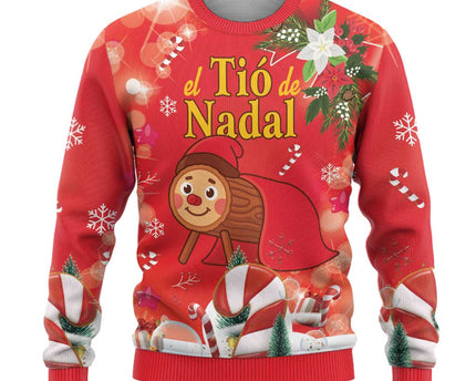 Spain Tio de Nadal Christmas Ugly Christmas Sweater Traditional Christmas Log Red Version