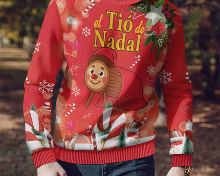 Spain Tio de Nadal Christmas Ugly Christmas Sweater Traditional Christmas Log Red Version