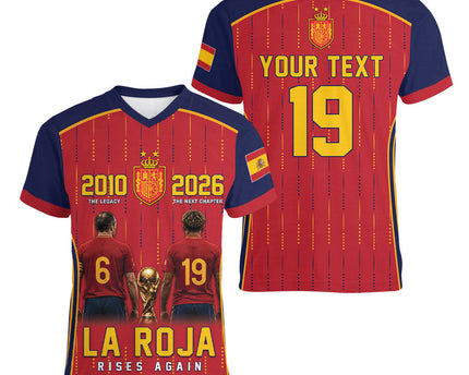 Custom Spain La Roja Football Women V-Neck T-Shirt 2010 Legacy 2026 Next Chapter