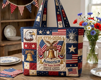 America 250 Years Strong Quilted Tote Bag - Patriotic Gift for Her