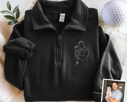 Custom Dad And Kids Portrait Photo Drawing Style Family Embroidered Quarter Zip Sweatshirt