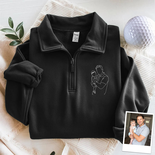 Custom Dad And Kids Portrait Photo Drawing Style Family Embroidered Quarter Zip Sweatshirt