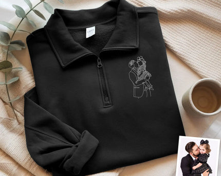 Custom Dad And Kids Portrait Photo Drawing Style Family Embroidered Quarter Zip Sweatshirt