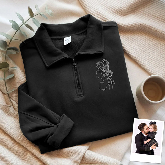 Custom Dad And Kids Portrait Photo Drawing Style Family Embroidered Quarter Zip Sweatshirt